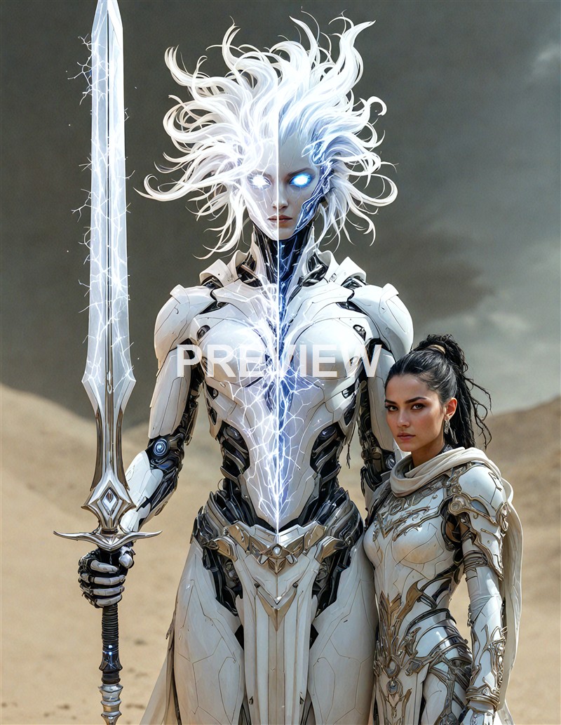 A futuristic scene featuring a female warrior with a highly detailed, robotic armor standing next to an enormous, ethereal female figure with glowing eyes, lightning effects, and a stormy sky background.